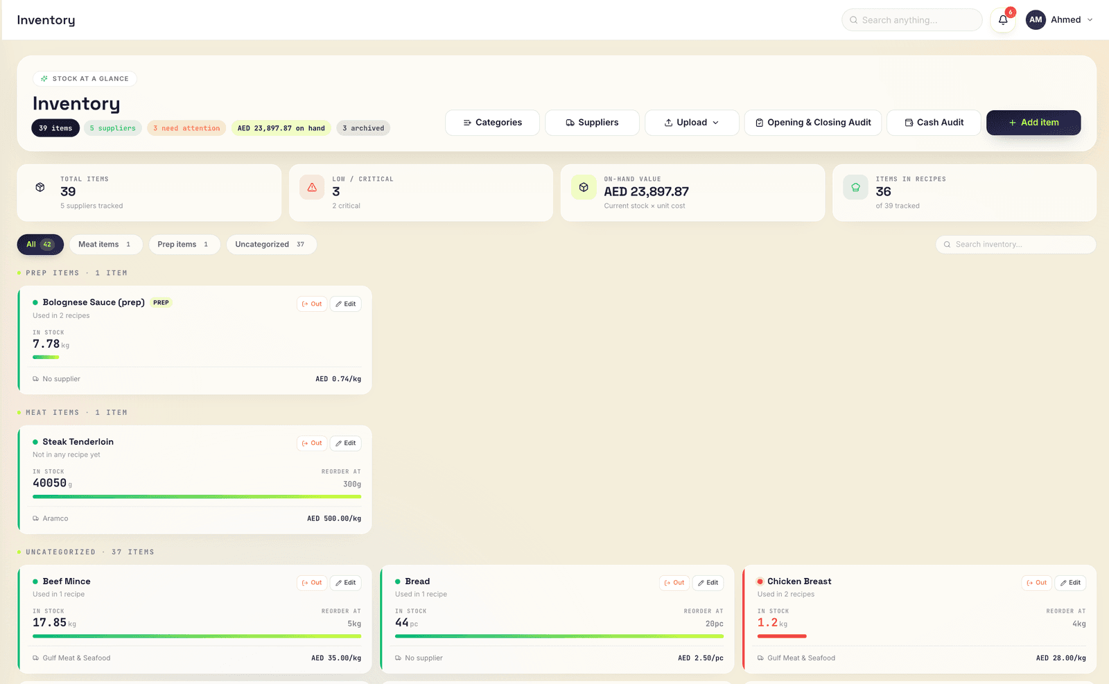 foodash inventory screen with stock levels, low and critical items, suppliers and the value of stock on hand in dirhams